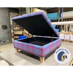 Savernake Deep Buttoned Lid Medium Depth Storage Footstool 91 x 91cm (36 x 36") Highland Check Aqua Aubergine - Full Vintage Studs - 5ins Tapered Natural Leg 5876