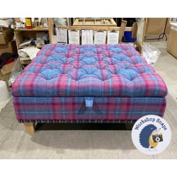 Savernake Deep Buttoned Lid Medium Depth Storage Footstool 91 x 91cm (36 x 36") Highland Check Aqua Aubergine - Full Vintage Studs - 5ins Tapered Natural Leg 5876