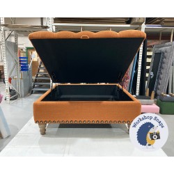 Savernake Deep Buttoned Lid Medium Depth Storage Footstool 91 x 91cm (36 x 36") Soft Weave Copper - Full Vintage Studs - 5ins Turned Oak Leg 6624