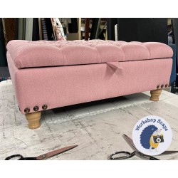 Savernake Deep Buttoned Lid Medium Depth Storage Footstool 91 x 91cm (36 x 36") Soft Weave Rose Pink - Corner Vintage Stud Trim - 4ins Turned Natural Leg 7444