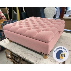 Savernake Deep Buttoned Lid Medium Depth Storage Footstool 91 x 91cm (36 x 36") Soft Weave Rose Pink - Corner Vintage Stud Trim - 4ins Turned Natural Leg 7444
