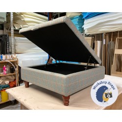 Savernake Deep Buttoned Lid Medium Depth Storage Footstool 91 x 91cm (36 x 36") Wool Check Powder - Piped Trim - 5ins Turned Mahogany Leg 8032