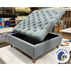 Savernake Deep Buttoned Lid Medium Depth Storage Footstool 91 x 91cm (36 x 36") Wool Check Powder - Piped Trim - 5ins Turned Mahogany Leg 8032