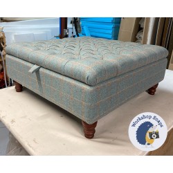 Savernake Deep Buttoned Lid Medium Depth Storage Footstool 91 x 91cm (36 x 36") Wool Check Powder - Piped Trim - 5ins Turned Mahogany Leg 8032