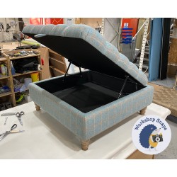 Savernake Deep Buttoned Lid Medium Depth Storage Footstool 91 x 91cm (36 x 36") Wool Check Powder - Piped Trim - 5ins Turned Mahogany Leg 8032