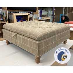 Savernake Deep Buttoned Lid Medium Depth Storage Footstool 91 x 91cm (36 x 36") Wool Check Yellow - 12.7cm Turned Oak Leg 9360