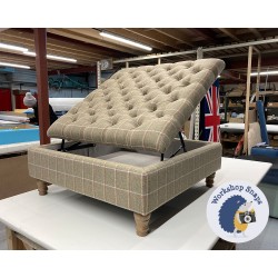 Savernake Deep Buttoned Lid Medium Depth Storage Footstool 91 x 91cm (36 x 36") Wool Check Yellow - 12.7cm Turned Oak Leg 9360