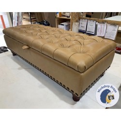 BESPOKE SIZE Savernake Deep Buttoned Lid Medium Depth Storage Footstool - 16ins H Overall - Highland Leather Stone - Full Vintage Stud Trim - 4ins Turned Leg Mahogany 4947 BESPOKE SIZE Savernake Deep Buttoned Lid Medium Depth Storage Footstool - 16ins H Overall - Highland Leather Stone - Full Vintage Stud Trim - 4ins Turned Leg Mahogany 4947