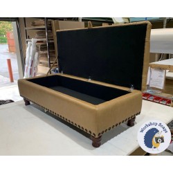 BESPOKE SIZE Savernake Deep Buttoned Lid Medium Depth Storage Footstool 122 x 53cm (48 x 21") - 16ins H Overall - Highland Leather Stone - Full Vintage Stud Trim - 4ins Turned Leg Mahogany 4947 BESPOKE SIZE Savernake Deep Buttoned Lid Medium Depth Storage Footstool 122 x 53cm (48 x 21") - 16ins H Overall - Highland Leather Stone - Full Vintage Stud Trim - 4ins Turned Leg Mahogany 4947