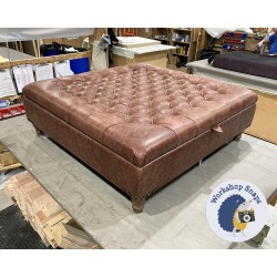Savernake Deep Buttoned Lid Medium Depth Storage Footstool 122 x 122cm (48 x 48") Antique Matt Leather Mahogany - Corner Vintage Studs - 5ins Turned Oak Leg 5713 Savernake Deep Buttoned Lid Medium Depth Storage Footstool 122 x 122cm (48 x 48") Antique Matt Leather Mahogany - Corner Vintage Studs - 5ins Turned Oak Leg 5713