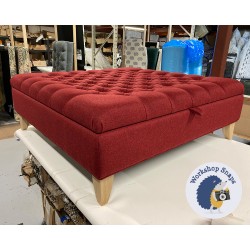 Savernake Deep Buttoned Lid Medium Depth Storage Footstool 122 x 122cm (48 x 48") Wool Plain Pomegranate - Single Piped Trim - 6ins Convex Tapered Oiled Oak Leg 8187 Savernake Deep Buttoned Lid Medium Depth Storage Footstool 122 x 122cm (48 x 48") Wool Plain Pomegranate - Single Piped Trim - 6ins Convex Tapered Oiled Oak Leg 8187