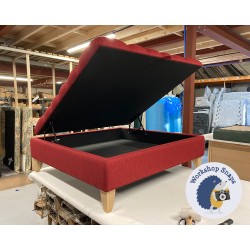 Savernake Deep Buttoned Lid Medium Depth Storage Footstool 122 x 122cm (48 x 48") Wool Plain Pomegranate - Single Piped Trim - 6ins Convex Tapered Oiled Oak Leg 8187 Savernake Deep Buttoned Lid Medium Depth Storage Footstool 122 x 122cm (48 x 48") Wool Plain Pomegranate - Single Piped Trim - 6ins Convex Tapered Oiled Oak Leg 8187