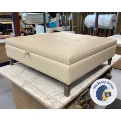 Bedgebury Shallow Buttoned & Piped Lid Medium Depth Storage Footstool 122 x 122cm (48 x 48") Faux Leather Cream - 6ins Concave Tapered Washed Oak 8534