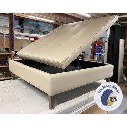 Bedgebury Shallow Buttoned & Piped Lid Medium Depth Storage Footstool 122 x 122cm (48 x 48") Faux Leather Cream - 6ins Concave Tapered Washed Oak 8534