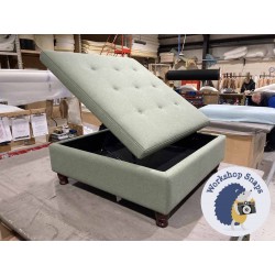 Bedgebury Shallow Buttoned & Piped Lid Medium Depth Storage Footstool 91 x 91cm (36 x 36") House Cotton Forest - Single Piped Trim - 4ins Turned Mahogany Leg 5743