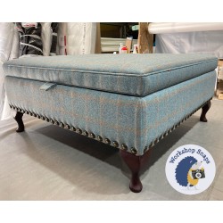 Bedgebury Shallow Buttoned & Piped Lid Medium Depth Storage Footstool 91 x 91cm (36 x 36") Wool Check Powder - Full Vintage Studs - 6" Queen Anne Mahogany Leg 5395