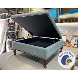 Bedgebury Shallow Buttoned & Piped Lid Medium Depth Storage Footstool 91 x 91cm (36 x 36") Wool Check Powder - Full Vintage Studs - 6" Queen Anne Mahogany Leg 5395