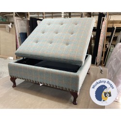 Bedgebury Shallow Buttoned & Piped Lid Medium Depth Storage Footstool 91 x 91cm (36 x 36") Wool Check Powder - Full Vintage Studs - 6" Queen Anne Mahogany Leg 5395
