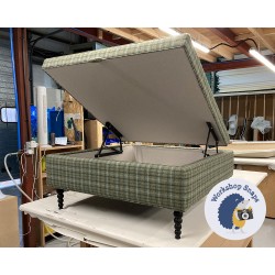 Bedgebury Shallow Buttoned & Piped Lid Medium Depth Storage Footstool 91 x 91cm (36 x 36") Wool Check Sea - Single Piped Trim - 16cm Bobbin Leg Black 9581