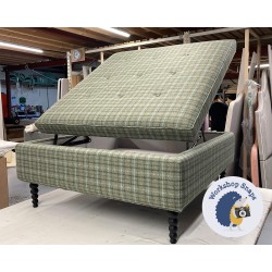 Bedgebury Shallow Buttoned & Piped Lid Medium Depth Storage Footstool 91 x 91cm (36 x 36") Wool Check Sea - Single Piped Trim - 16cm Bobbin Leg Black 9581