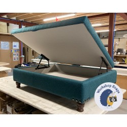 BESPOKE SIZE Heartwood Plain & Piped Lid Medium Depth Storage Footstool 122 x 91cm (48 x 36") Wool Plain Teal - Vintage Corner Studs - 4ins Turned Mahogany Leg 8854