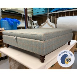 Heartwood Plain & Piped Lid Medium Depth Storage Footstool 122 x 122cm (48 x 48") Wool Check Powder - Single Piped Trim - 5ins Turned Mahogany Leg 8128