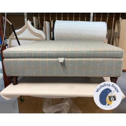 Heartwood Plain & Piped Lid Medium Depth Storage Footstool 122 x 122cm (48 x 48") Wool Check Powder - Single Piped Trim - 5ins Turned Mahogany Leg 8128