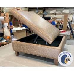 Heartwood Plain & Piped Lid Medium Depth Storage Footstool 91 x 91cm (36 x 36") Antique Matt Leather Bridle - Single Piped Trim - 5" Tapered Oak Leg 5331