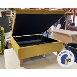 Heartwood Plain & Piped Lid Medium Depth Storage Footstool 91 x 91cm (36 x 36") Soft Weave Mustard - Single Piped Trim - 6ins Concave Tapered Oiled Oak Leg