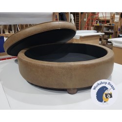 Winterfold Plain & Piped Lid Medium Depth Round Storage Footstool 102cm (40") Antique Matt Leather Walnut - Single Piped Trim - 2ins Bun Foot Oak 4467