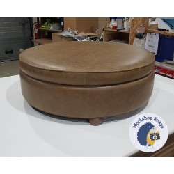 Winterfold Plain & Piped Lid Medium Depth Round Storage Footstool 102cm (40") Antique Matt Leather Walnut - Single Piped Trim - 2ins Bun Foot Oak 4467