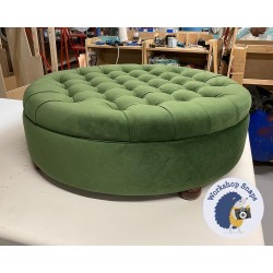 Epping Deep Buttoned & Piped Lid Medium Depth Round Storage Footstool 102cm (40") Flat Velvet Forest Green - 2ins Bun Mahogany Foot 7784