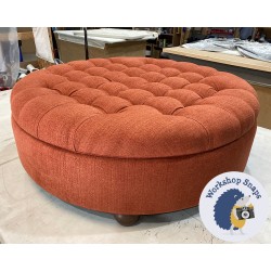 Epping Deep Buttoned & Piped Lid Medium Depth Round Storage Footstool 102cm (40") Soft Weave Orange - 2ins Bun Foot Oak - Single Piped Trim 5197