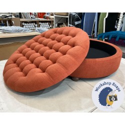 Epping Deep Buttoned & Piped Lid Medium Depth Round Storage Footstool 102cm (40") Soft Weave Orange - 2ins Bun Foot Oak - Single Piped Trim 5197