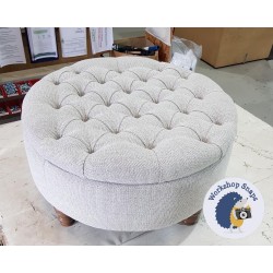 Epping Deep Buttoned & Piped Lid Medium Depth Round Storage Footstool 76cm (30") Basket Weave Light Grey -  12.7cm (5") Turned Leg Oak