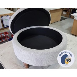 Epping Deep Buttoned & Piped Lid Medium Depth Round Storage Footstool 76cm (30") Basket Weave Light Grey -  12.7cm (5") Turned Leg Oak - Inner Storage Area