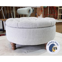 Epping Deep Buttoned & Piped Lid Medium Depth Round Storage Footstool 76cm (30") Basket Weave Light Grey - 12.7cm (5") Turned Leg Oak
