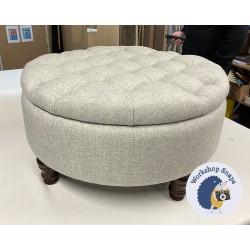 Epping Deep Buttoned & Piped Lid Medium Depth Round Storage Footstool 76cm (30") Wool Plain Light Grey - 12.7cm (5") Turned Leg Mahogany 8216