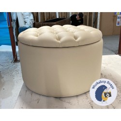 Selwood Deep Buttoned & Piped Lid Full Depth Round Storage Footstool 76cm (30") Faux Leather Cream - Single Piped Trim 7306