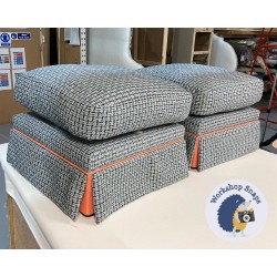 2x Kielder Valanced Footstool 51 x 51cm (20 x 20") COM Linwood Hartland Denim - Contrast Pleat Reveal and Piped in Linwood Juno Coral 7809