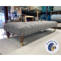 Glenmore Deep Buttoned Footstool with Border 122 x 53cm (48x21") Wool Check Grey - Double Piped Trim - 17.8cm Castor Leg Oak 9481