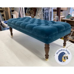 Glenmore Deep Buttoned Footstool with Border 152 x 53cm (60 x 21") COM Manuel Canovas Rivoli Lagoon - 25.7cm Turned Leg with Polished Brass Cups Walnut 9517 Glenmore Deep Buttoned Footstool with Border 152 x 53cm (60 x 21") COM Manuel Canovas Rivoli Lagoon - 25.7cm Turned Leg with Polished Brass Cups Walnut 9517