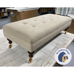 Fernworthy Shallow Buttoned Footstool with Border 122 x 53cm (48 x 21") Soft Weave Stone - 6ins Castor Mahogany Leg 9068