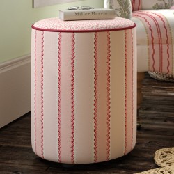 Florence Upholstered Top with Piping Drum Stool 38 x 46cm (15 x 18") in Custom Fabric: TOP Linwood Hopscotch Strawberry, PIPING Pure Cotton Cherry, BODY Linwood Croquet Rhubarb - No Trim