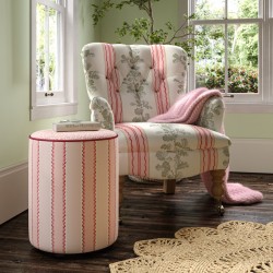 Florence Upholstered Top with Piping Drum Stool 38 x 46cm (15 x 18") in Custom Fabric: TOP Linwood Hopscotch Strawberry, PIPING Pure Cotton Cherry, BODY Linwood Croquet Rhubarb - No Trim