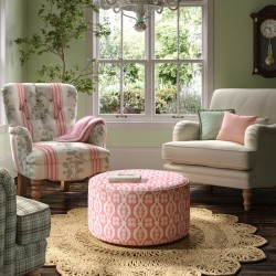 Florence Upholstered Top with Piping Drum Stool 61 x 33cm (24 x 13") in Charlotte Gaisford Georgie Girl 2 Pink - Contrast Piped in House Cotton Vanilla - No Trim