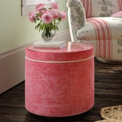 Gosford Glass Insert with Band & Piping Drum Stool 38 x 33cm (15 x 13") in Eco Bobble Coral - Contrast Piped in House Cotton Vanilla - No Trim