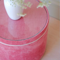 Gosford Glass Insert with Band & Piping Drum Stool 38 x 33cm (15 x 13") in Eco Bobble Coral - Contrast Piped in House Cotton Vanilla - No Trim