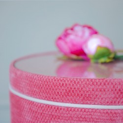 Gosford Glass Insert with Band & Piping Drum Stool 38 x 33cm (15 x 13") in Eco Bobble Coral - Contrast Piped in House Cotton Vanilla - No Trim