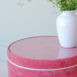 Gosford Glass Insert with Band & Piping Drum Stool 38 x 33cm (15 x 13") in Eco Bobble Coral - Contrast Piped in House Cotton Vanilla - No Trim
